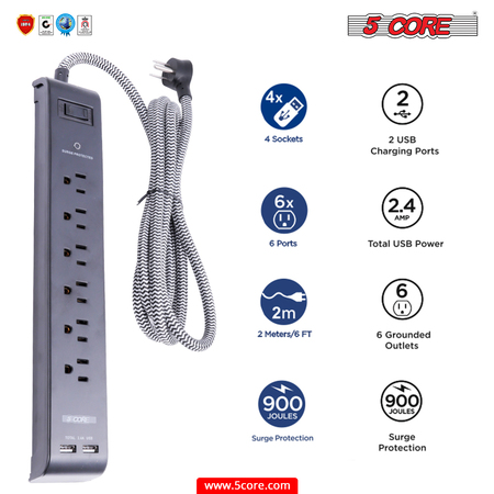 5 Core Protective Power Strip 6 Ac Outlet 6Ft Ext. Cord 2 Usb Circuit Breaker THU 6046